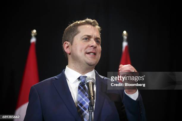 Andrew Scheer, leader of Canada's Conservative Party, speaks during a news conference following the Conservative Party Of Canada Leadership...