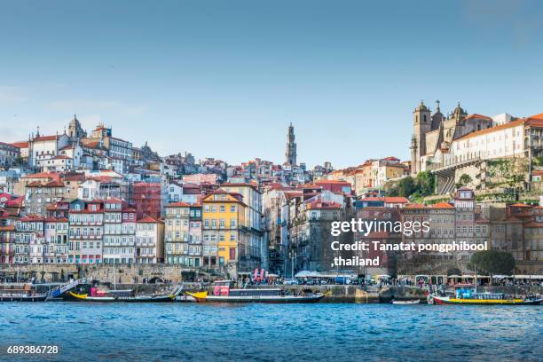 port wine ship at river douro with porto city. - porto imagens e fotografias de stock