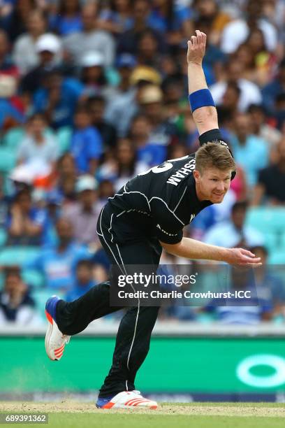 New Zealand's Jimmy Neesham bowls during the ICC Champions Trophy Warm-up match between India and New Zealand at The Kia Oval on May 28, 2017 in...