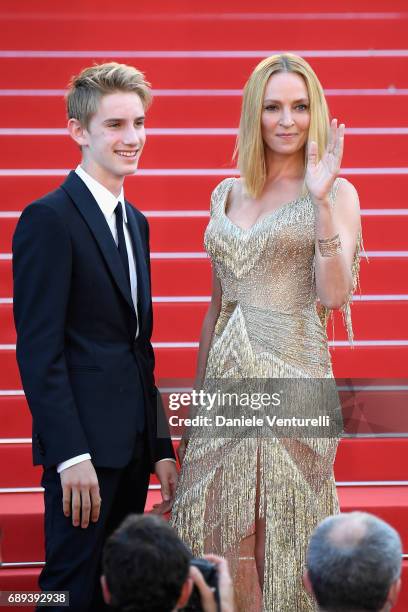 President of the Un Certain Regard jury Uma Thurman and her son Levon Roan Thurman-Hawke attend the Closing Ceremony during the 70th annual Cannes...