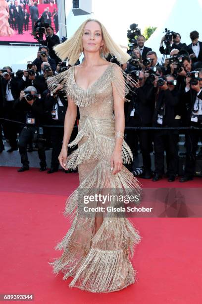 President of the Un Certain Regard jury Uma Thurman attends the Closing Ceremony during the 70th annual Cannes Film Festival at Palais des Festivals...
