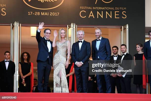 Un Certain Regard jury member Reda Kateb, jury president Uma Thurman and jury members Mohamed Diab and Karel Och attend the Closing Ceremony during...