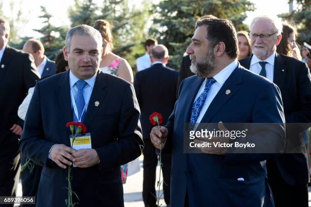 Aurora Humanitarian Initiative Co-Founder Ruben Vardanyan and guest visit the Tsitsernakaberd Armenian Genocide Memorial Complex on May 28, 2017 in...