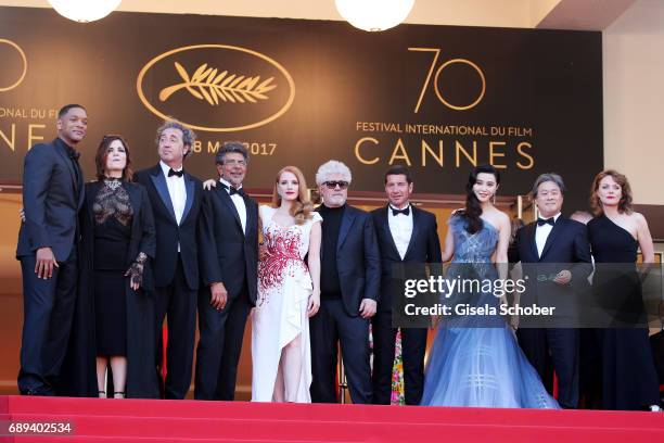 Jury members Will Smith, Agnes Jaoui, Paolo Sorrentino, Gabriel Yared, Jessica Chastain, President of the jury Pedro Almodovar and jury members Fan...