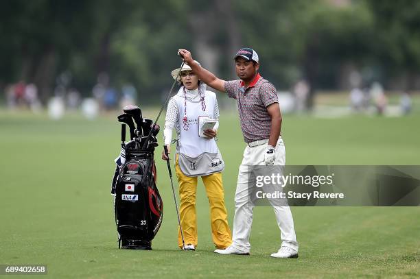 Yuta Ikeda of Japan plays his second shot on the 11th hole during the Final Round of the DEAN & DELUCA Invitational on May 28, 2017 in Fort Worth,...