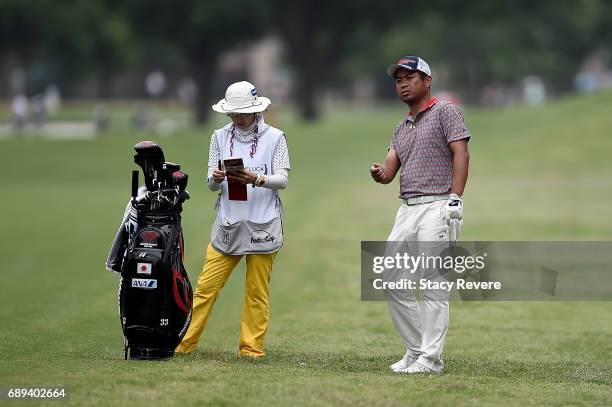 Yuta Ikeda of Japan plays his second shot on the 11th hole during the Final Round of the DEAN & DELUCA Invitational on May 28, 2017 in Fort Worth,...