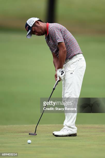 Yuta Ikeda of Japan putts the ball on the 11th green during the Final Round of the DEAN & DELUCA Invitational on May 28, 2017 in Fort Worth, Texas.