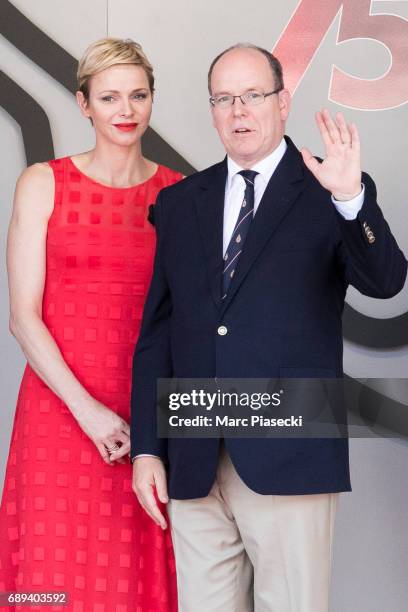 Princess Charlene of Monaco and Prince Albert II of Monaco attend the Monaco Formula 1 Grand Prix at the Monaco street circuit, on May 28, 2017 in...