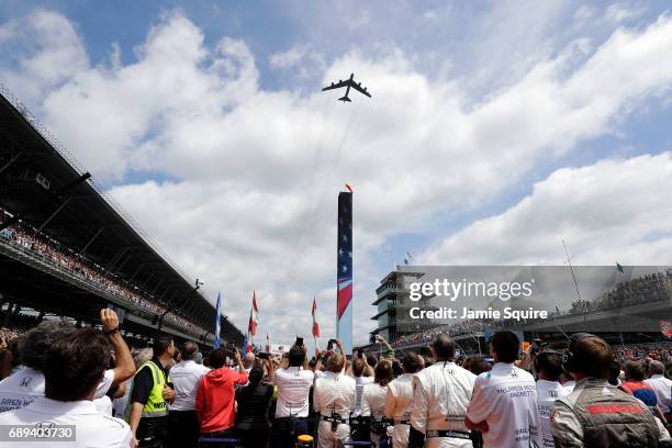 Stratofortress Bomber performs a flyover ahead of the 101st running of the Indianapolis 500 at Indianapolis Motorspeedway on May 28, 2017 in...