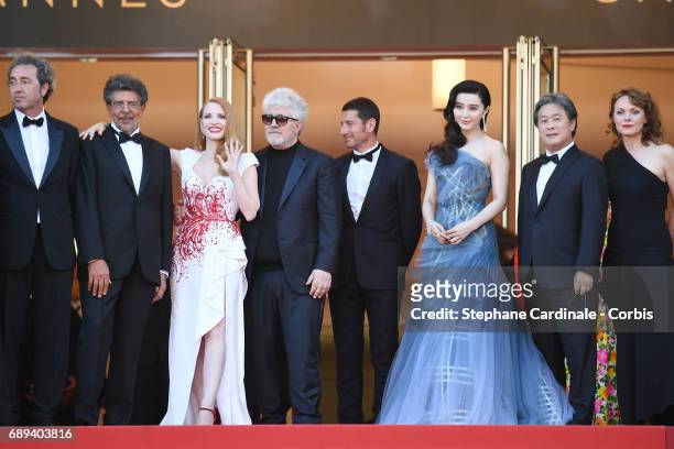 Jury members Paolo Sorrentino, Gabriel Yared, Jessica Chastain, President of the jury Pedro Almodovar, May of Cannes David Lisnard and jury members...