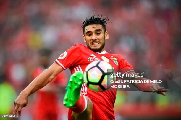 Benfica's Argentine midfielder Eduardo Salvio controls the ball during the Portugal's Cup final football match SL Benfica vs Vitoria SC at Jamor...