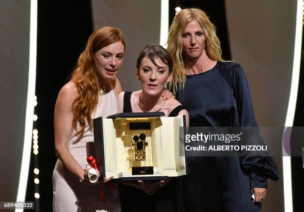 French director Leonor Serraille and French actress Laetitia Dosch pose with the Camera d'Or prize after Serraille was awarded with the Camera d'Or...
