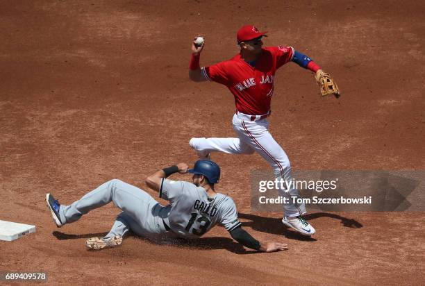 Troy Tulowitzki of the Toronto Blue Jays gets the force out of Joey Gallo of the Texas Rangers at second base but cannot turn the double play in the...