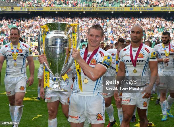 Gareth Steenson of Exeter Chiefs celebrates with the trophy during the Aviva Premiership Final match between Wasps and Exeter Chiefs at Twickenham...