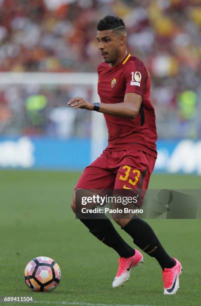 Emerson Palmieri of AS Roma in action during the Serie A match between AS Roma and Genoa CFC at Stadio Olimpico on May 28, 2017 in Rome, Italy.