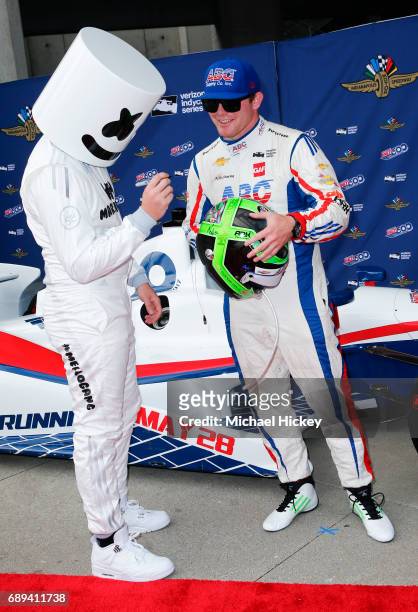 Marshmellow and Conor Daly appear on the red carpet at Indianapolis Motor Speedway on May 28, 2017 in Indianapolis, Indiana.