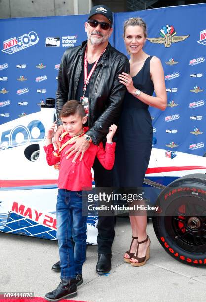 Jeffrey Dean Morgan and Hillary Burton appear at the Indy 500 at the Indianapolis Motor Speedway on May 28, 2017 in Indianapolis, Indiana.