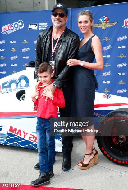 Jeffrey Dean Morgan and Hillary Burton appear at the Indy 500 at the Indianapolis Motor Speedway on May 28, 2017 in Indianapolis, Indiana.
