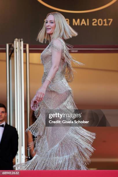President of the Un Certain Regard jury Uma Thurman attends the Closing Ceremony during the 70th annual Cannes Film Festival at Palais des Festivals...
