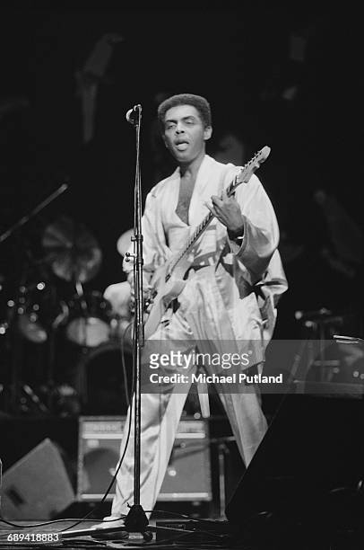 Brazilian singer, songwriter and guitarist, Gilberto Gil performing on stage, 1986.