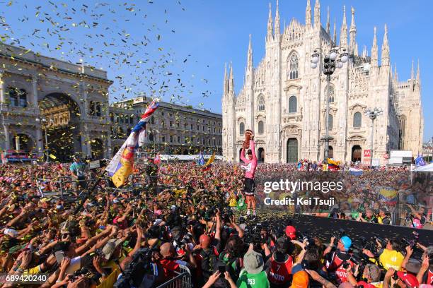 100th Tour of Italy 2017 / Stage 21 Podium / Tom DUMOULIN Pink Leader Jersey/ Celebration / Trophy/ Media/ Duomo Cathedral/ Fans / Public /...