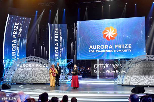 Nobel Laureate; Liberian Peace Activist and Women's Rights Advocate and Aurora Prize Selection Committee Member Leymah Gbowee along with Chief...