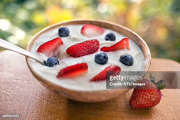 bowl yogurt strawberries - iogurte imagens e fotografias de stock