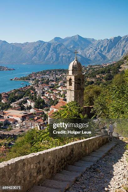 walkway from kotor old town to sveti ivan fortress - montenegro stock pictures, royalty-free photos & images