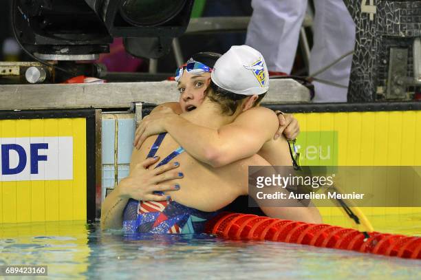 Melanie Henique reacts after winning the 50m Women's Individual Butterfly Final on day six of the French National Swimming Championships on May 28,...