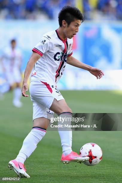 Yuta Toyokawa of Fagiano Okayama in action during the J.League J2 match between Oita Trinita and Fagiano Okayama at Oita Bank Dome on May 28, 2017 in...