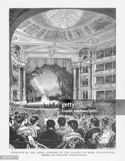 etiquette of the opera - interior of the academy of music, philadelphia, during an operatic performance victorian engraving, 1879 - opera stage stock illustrations