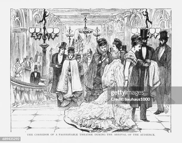 illustrazioni stock, clip art, cartoni animati e icone di tendenza di corridoio di un teatro alla moda durante l'arrivo del pubblico incisione vittoriana, 1879 - music halls