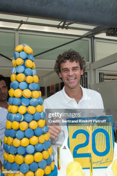 Tennis player Gustavo Kuerten celebrates the 20th anniversary of his first victory at Roland Garros during the 2017 French Tennis Open - Day One at...