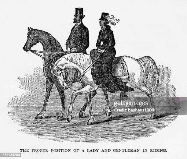 richtigen stelle einer lady und gentleman im reiten reiten viktorianischen gravur, 1879 - zügel stock-grafiken, -clipart, -cartoons und -symbole