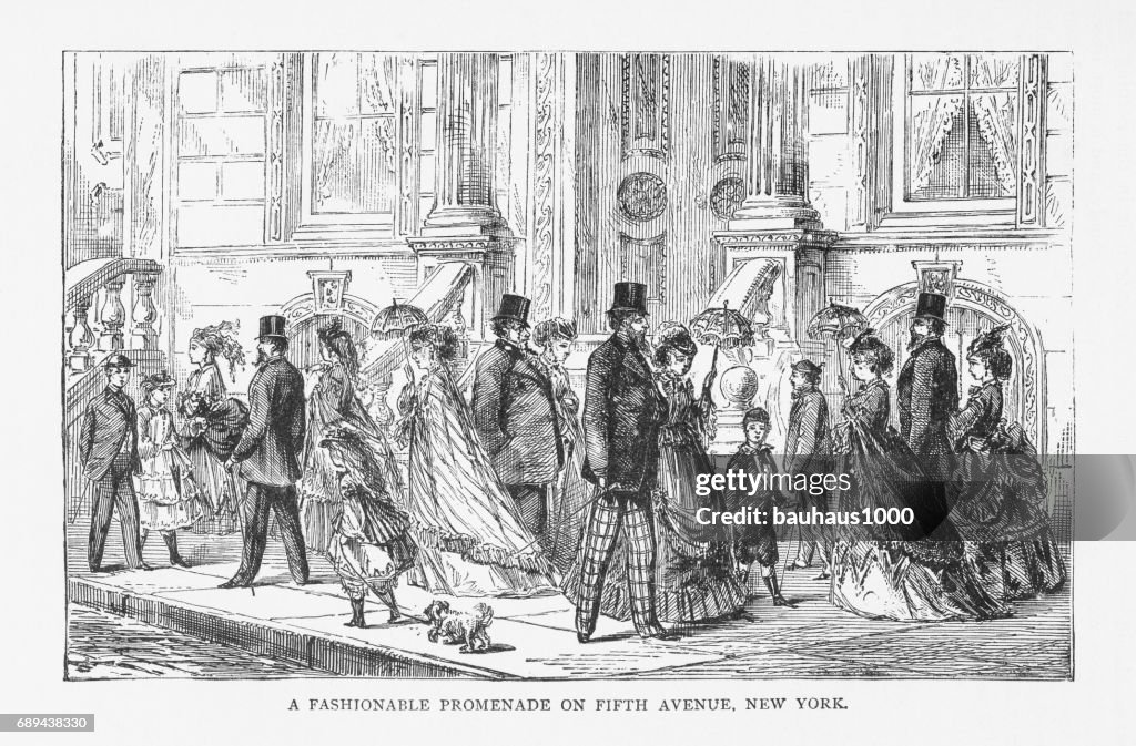 Fashionable Promenade on Fifth Avenue, New York Victorian Engraving, 1879