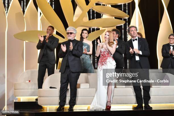 Jury member Will Smith, President of the jury Pedro Almodovar and jury members Fan Bingbing, Jessica Chastain, Gabriel Yared, Paolo Sorrentino and...