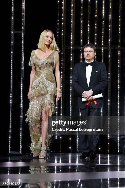 President of the Un Certain Regard jury Uma Thurman and President of the Short Films and Cinefondation jury Cristian Mungiu during the Closing...