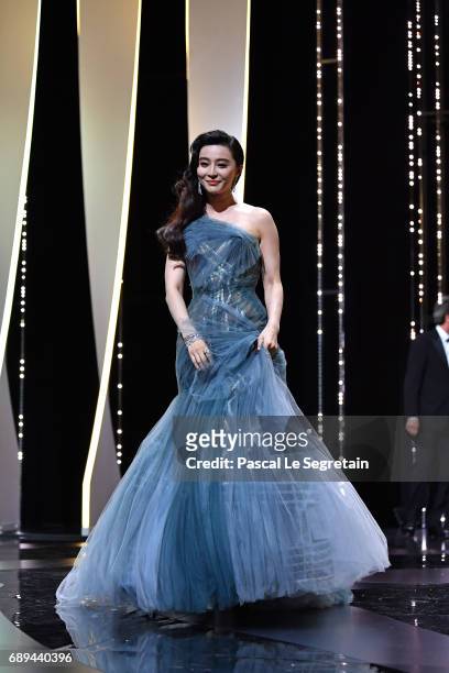 Jury member Fan Bingbing is seen on the stage during the Closing Ceremony of the 70th annual Cannes Film Festival at Palais des Festivals on May 28,...