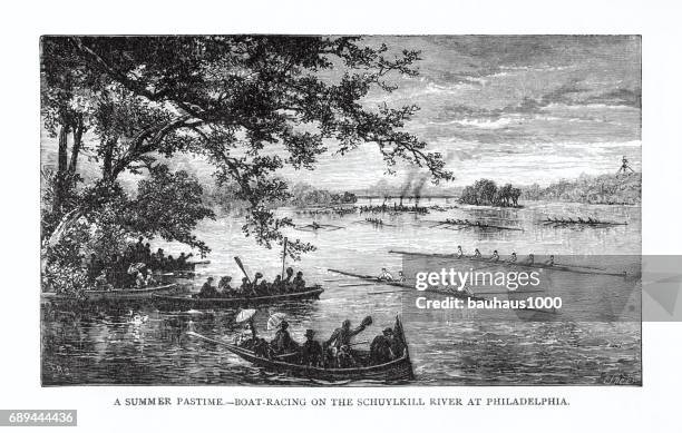 illustrations, cliparts, dessins animés et icônes de passe-temps d’été – course de bateau sur la rivière schuylkill à philadelphie gravure victorienne, 1879 - schuylkill river