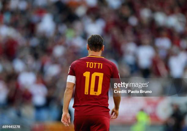 Francesco Totti of AS Roma from shoulders for his last match during the Serie A match between AS Roma and Genoa CFC at Stadio Olimpico on May 28,...