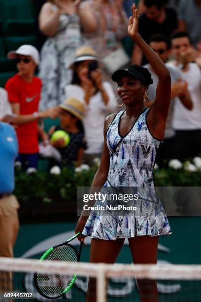 Venus Williams celebrates after winning against China's Wang Qiang during their tennis match at the Roland Garros 2017 French Open on May 28, 2017 in...