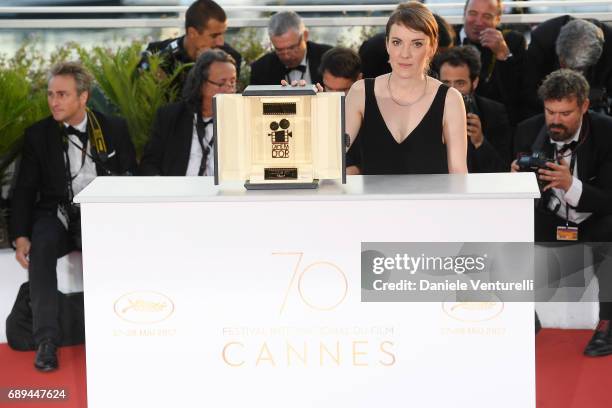 Director Leonor Serraille winner of the Camera d'Or for best first film for 'Jeune femme' attends the Palme D'Or winner photocall during the 70th...