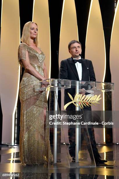 President of the Un Certain Regard jury Uma Thurman and President of the Short Films and Cinefondation jury Cristian Mungiu during the Closing...