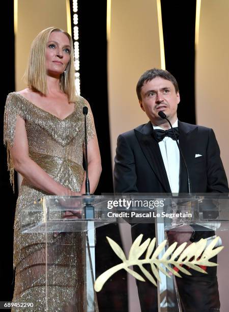 President of the Un Certain Regard jury Uma Thurman and President of the Short Films and Cinefondation jury Cristian Mungiu during the Closing...