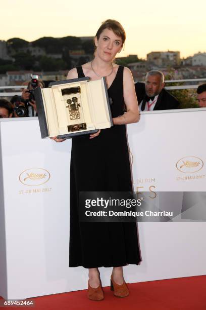 Director Leonor Serraille winner of the Camera d'Or for best first film for 'Jeune femme' attends the Palme D'Or winner photocall during the 70th...