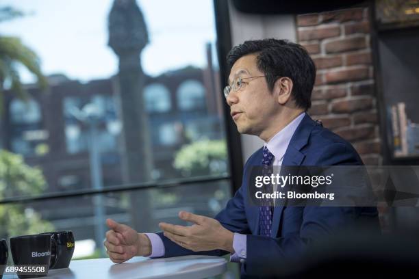 Kai-fu Lee, founder and chief executive officer of Sinovation Ventures, speaks during a Bloomberg Technology interview in San Francisco, California,...