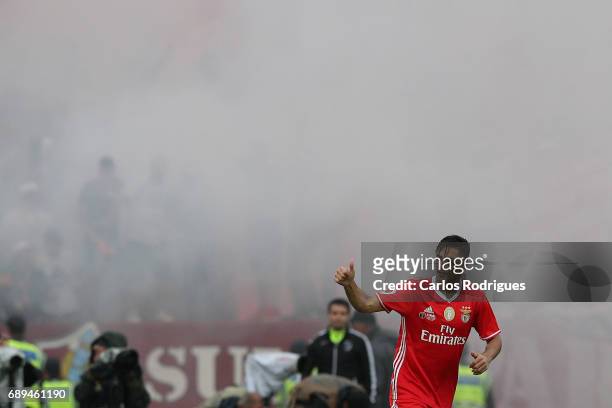 Benfica's forward Raul Jimenez from Mexico celebrates scoring Benfica first goal during the match between SL Benfica and Vitoria SC for the...