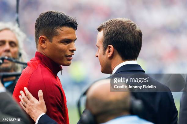 Thiago Silva of Paris Saint Germain and Emmanuel Macron, french president before the National Cup Final match between Angers SCO and Paris Saint...