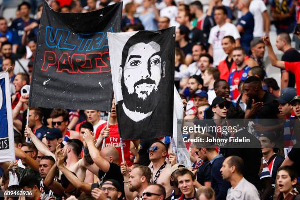 Fans Paris Saint Germain with banner for Momo, french journalist died in 2016 during the National Cup Final match between Angers SCO and Paris Saint...