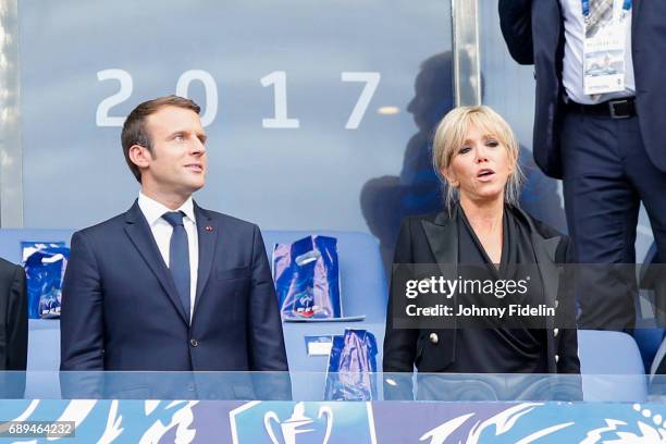 Emmanuel Macron french president and his wife Brigitte before the National Cup Final match between Angers SCO and Paris Saint Germain PSG at Stade de...